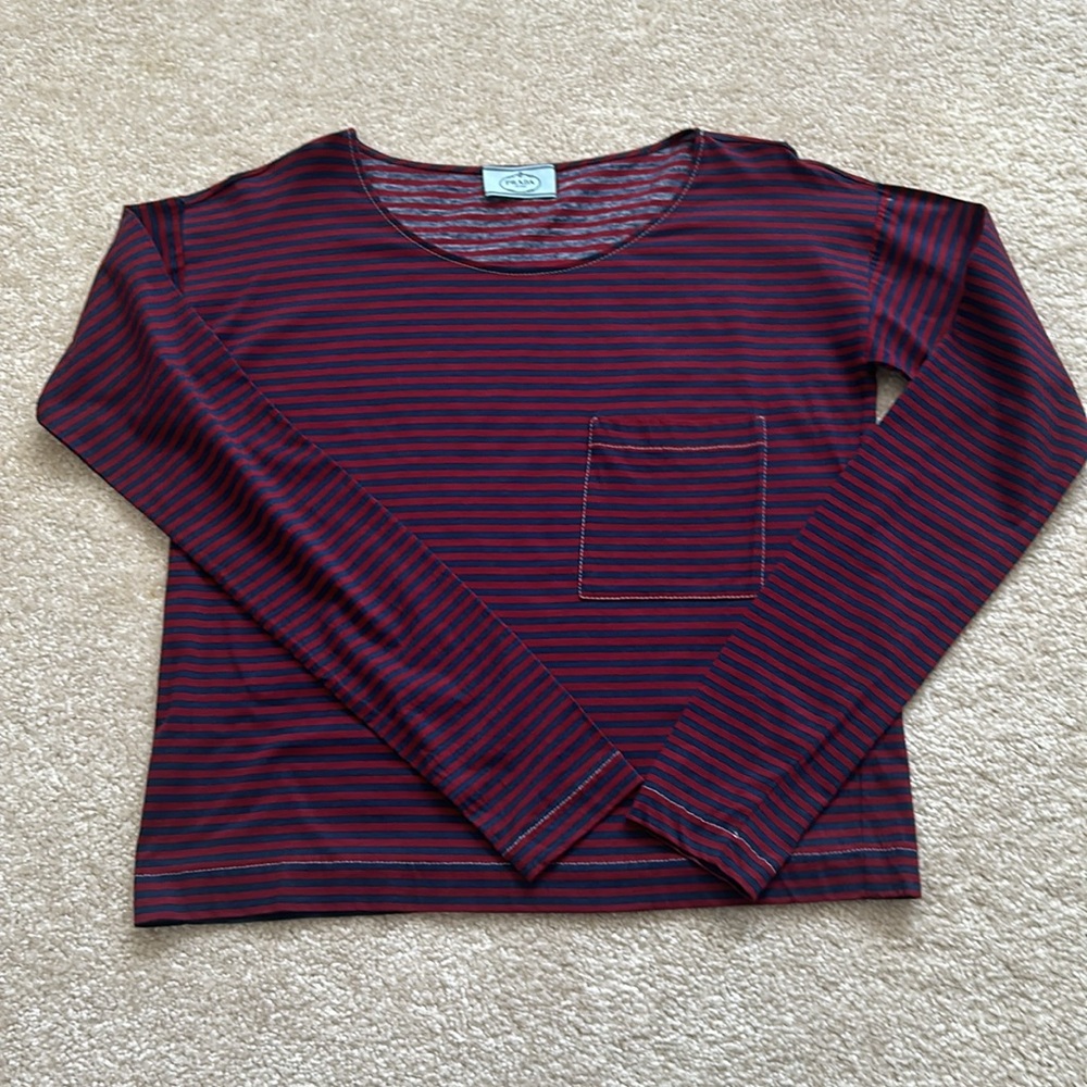 PRADA NWOT cotton striped tee shirt. Extra Long sleeve design. Wine-red and navy